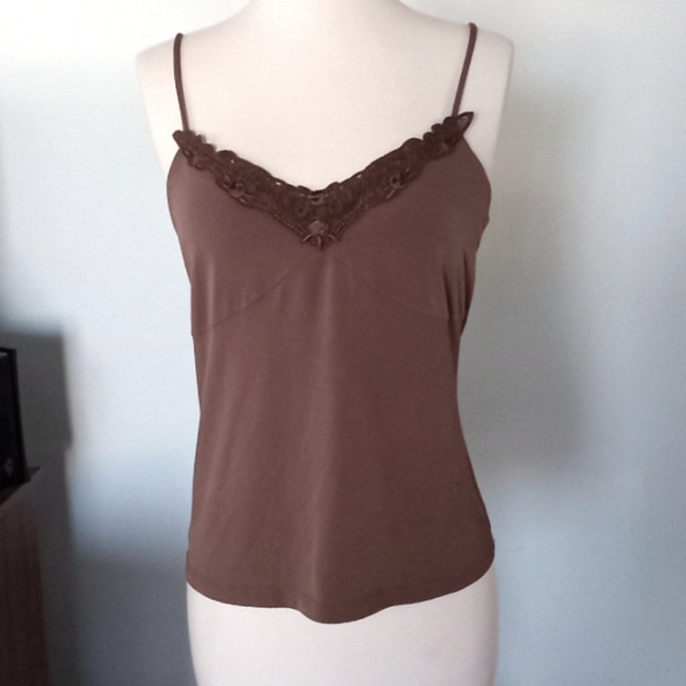 dorothee bis Built In Bra Dark Brown tank Top Embroided Front Sz S